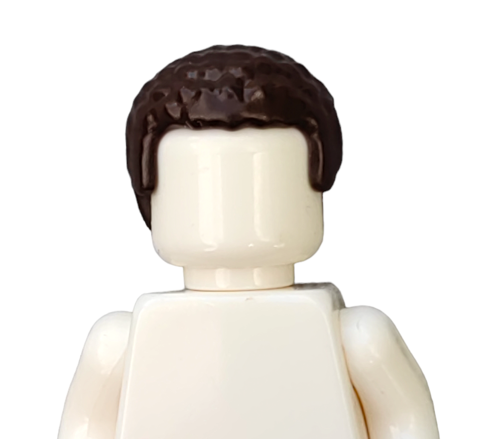 A Lego minifigure with a cream torso and arms, plain head, short curly brown BROWN WIGS hair, on a solid white background.
