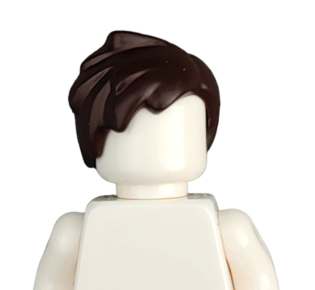 A LEGO minifigure with a head and body lacking facial features or clothing details, featuring brown hair styled in a short, swept-back look against a plain white background. Product: BROWN WIGS.
