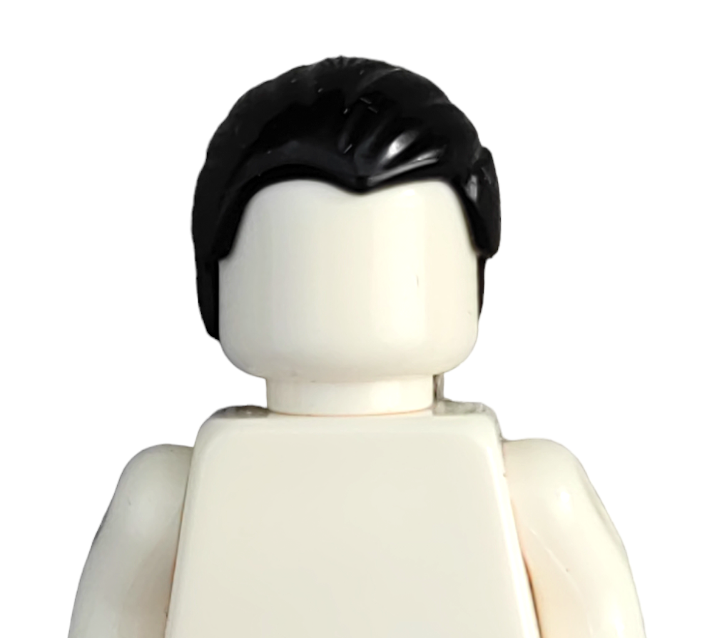 A close-up of a Lego figure from the BLACK WIGS set with a plain white face and torso, showcasing short, wavy black hair. The background is white.
