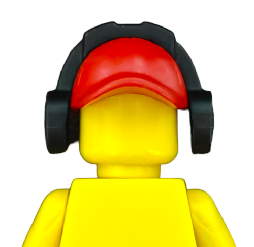 The LEGO BRIGHT RED CAP WITH HEADPHONES - UB1367 features a yellow minifigure with a smooth face, wearing a vibrant red cap and black headphones against a white backdrop, exuding simplicity and charm.