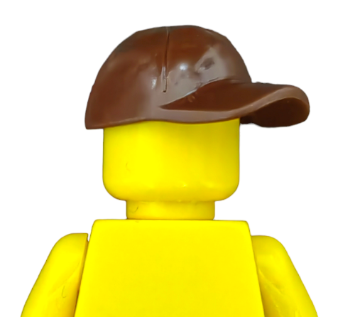A LEGO minifigure, colored yellow and facing away on a white background, wears the LEGO 6308484 Reddish Brown Cap - UB1369 forward-facing.