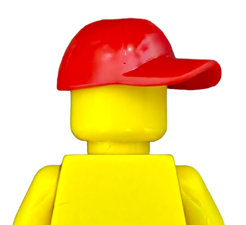 A yellow minifigure is viewed from behind, wearing a LEGO 6032178 BRIGHT RED CAP - UB1370. The plastic figure features simple shapes set against a plain white backdrop.