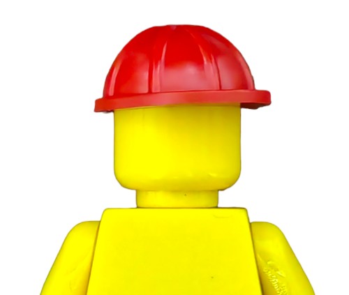 The LEGO 383321 figure features an iconic yellow design with a red contractors helmet, obscuring its face and standing against a plain white backdrop, reminiscent of classic Lego pieces.
