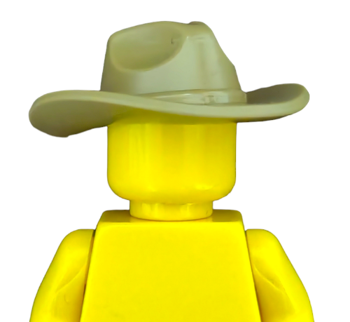 A yellow LEGO figure embodies the wild west spirit with a light gray hat, as seen in LEGO 6252771 COWBOY STYLE HAT - UB1380, standing boldly against a plain background without facial features or accessories.