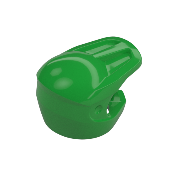 A glossy green plastic minifigure helmet, resembling an accessory, has a rounded top with a small hole and two grooves. Ideal for customization.