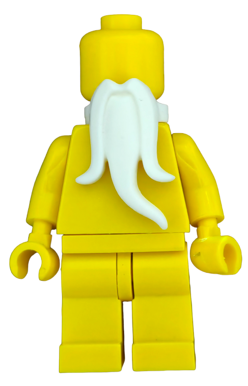 A yellow LEGO minifigure stands facing away, featuring the LEGO 4609289 White Oriental Beard - UB1386 flowing down its back, with no visible facial features or accessories.