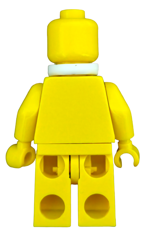A yellow LEGO minifigure, seen from the back, features a plain head, torso, and legs. It has a white collar around its neck and is accessorized with the LEGO 4609289 White Oriental Beard - UB1386 on its face against a white background.