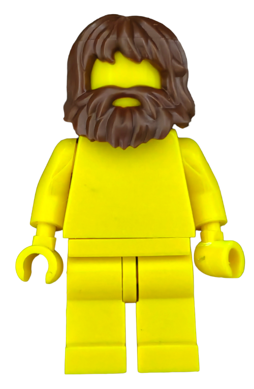 This customizable LEGO minifigure features a solid yellow face with a mouth hole and UB1388 brown shaggy hair and beard, ready for your creative touch.