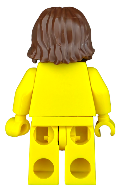 A yellow LEGO minifigure, viewed from behind, sports the 6407164 Wig with brown shaggy hair, a beard, and a mouth hole. Its bent arms and lack of visible facial features or accessories make it a perfect canvas for your creative storytelling!.