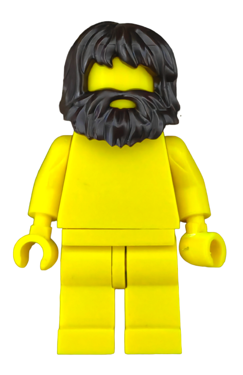 A yellow LEGO Minifigure dons a dark brown shaggy wig with a beard, wearing a matching yellow outfit. Its right hand is open, and the left is hook-shaped.