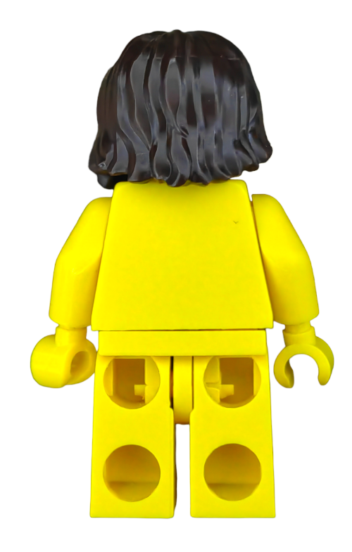 Back view of a yellow LEGO minifigure featuring the 6407167 Wig—dark brown, shaggy hair with a beard and mouth hole—depicting an adventurer poised for action, arms slightly curved outward, plain without distinguishing features or accessories.