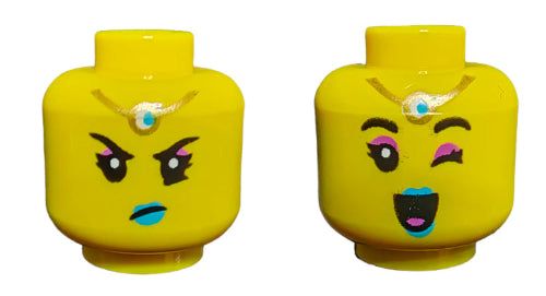 Two LEGO 6366626 Minifigure heads feature dual-sided expressions with medium azure lips: the left is angry, while the right has a winking and smiling face. Both have a forehead charm, adding delight to brick creations.