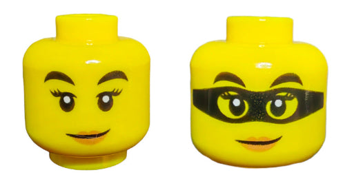 The LEGO 6288016 Minifigure Heads feature a dual-sided design; one side has open-mouthed smiles with arched black eyebrows while the other has the same eyebrows and expression, enhanced by a black mask pattern. Both sides have expressive eyes, perfect for any collection.