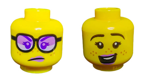 The LEGO 6306824 set features two yellow minifigure heads, ideal for enthusiasts. One side has glasses and a neutral expression with purple eyes, while the other showcases a smiling face with freckles. Each dual-sided female head includes lavender lips and black eyebrows for added detail.