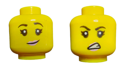 The LEGO 6296328 Minifigure Head features dual-sided expressions: one side with a happy face and raised eyebrows, and the other with an angry look, furrowed brows, and a frown.