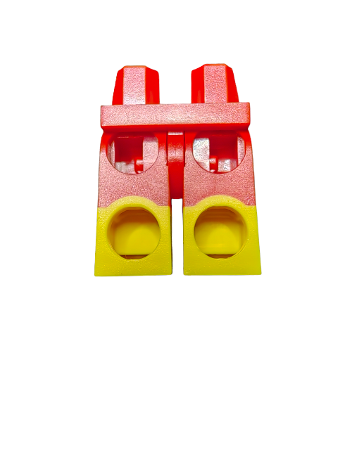 LEGO 6396914 Minifigure Legs, Red with Yellow Boots - UB1427, connect side by side to form a symmetrical shape against a white background.