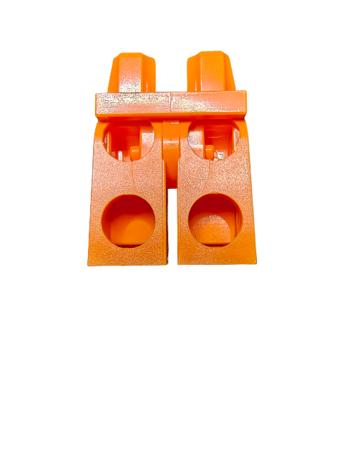 The LEGO 6415060 Orange Minifigure Legs with Black Stripes stand upright against a white background, designed to resemble oversized minifigure legs and securely hold materials together with two circular openings.