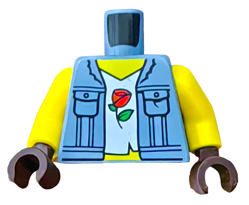 The LEGO 6356328 Minifigure Torso features a denim vest with pockets over a white shirt adorned with a red rose pattern, ideal for romantic settings.