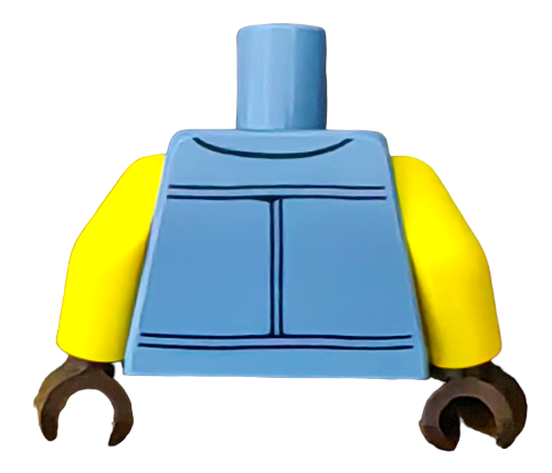 The LEGO 6356328 features a torso with a denim vest, white shirt, and red rose pattern. It has yellow arms and brown hands and arrives without a head or legs. Perfect for adding romance to your builds.