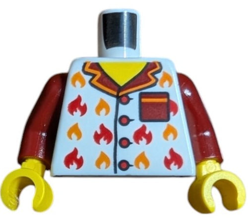 The LEGO 6474841 minifigure torso showcases a chic white suit adorned with red and orange flames, maroon sleeves, and yellow hands. A dark red pocket with a handkerchief detail adds sophistication.