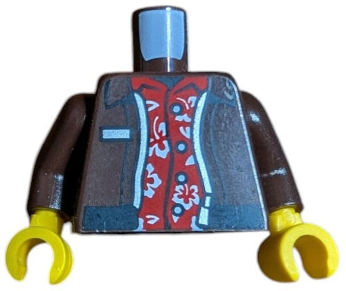 This preloved LEGO 6487170 minifigure torso features yellow hands, dark brown arms, and an open jacket with a silver zipper over a red Hawaiian shirt adorned with floral and leaf patterns. The absence of the neck and head adds an intriguing air of mystery.
