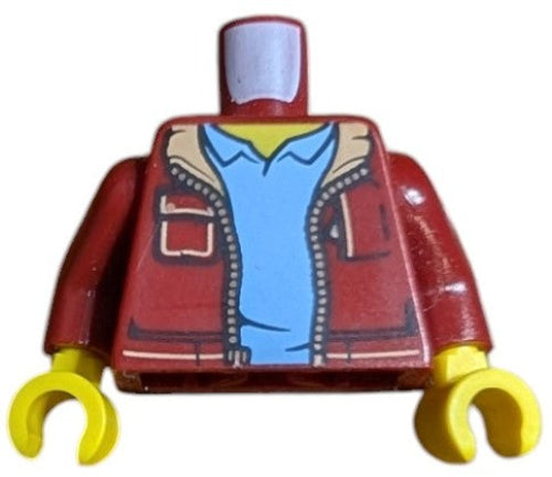 Introducing the LEGO 6224075 Torso Jacket, featuring a vibrant red jacket with nougat collar over a bright light blue shirt pattern. This unique design includes classic yellow hands but does not come with the head block.