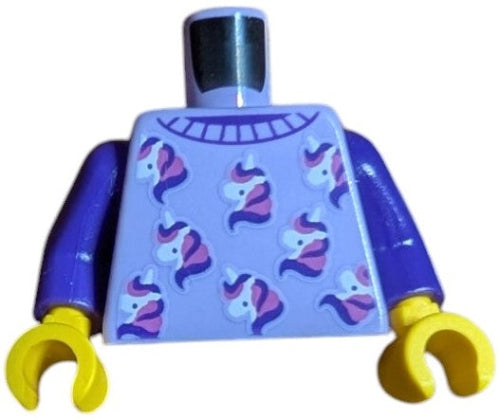 This LEGO 6443370 torso features a light purple sweater with dark purple, white, and dark pink unicorn heads pattern. The yellow hands and plain silver neck part complete the design.