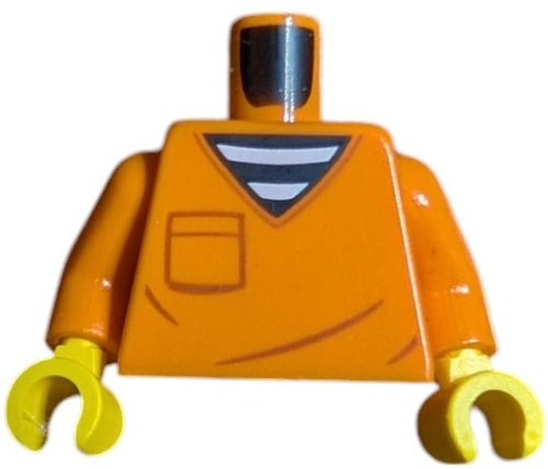 The LEGO 6471281 torso piece features a prison jumpsuit top with dark orange pocket, wrinkles, and a black-and-white striped undershirt pattern. It also includes yellow hands, making it perfect for your LEGO minifigure prison scene.