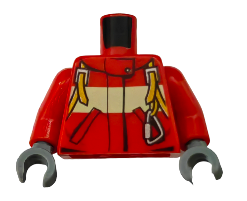 The LEGO Torso, Rescue Fire Fighter Red Harness and Carabiner (UB1465), features a lively red harness with yellow and black accents, plus attached arms ending in dark gray mechanical hands. The neck area is black against a white backdrop, ideal for any aspiring rescue firefighters collection!.