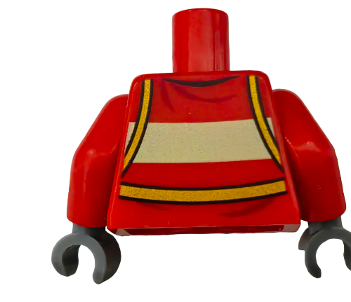 The LEGO Torso UB1465 features a red and yellow design with a block-style neck and claw-like hands. It has a front pattern resembling a rescue firefighters gear with a red, white, and yellow sash-style harness and carabiner.