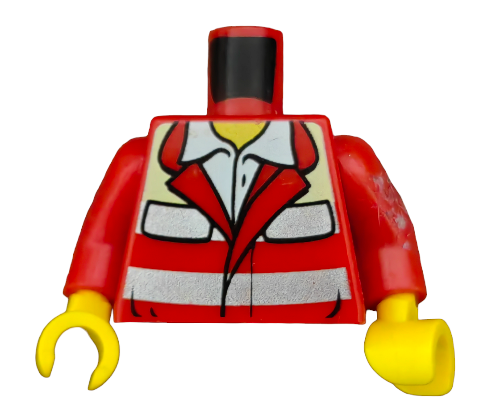 LEGO Torso UB1468 features a red and white jacket with yellow hands, a white collar, gray pockets, and an emergency logo on the back. It lacks a head and legs and shows some wear—perfect for emergency-themed scenes.