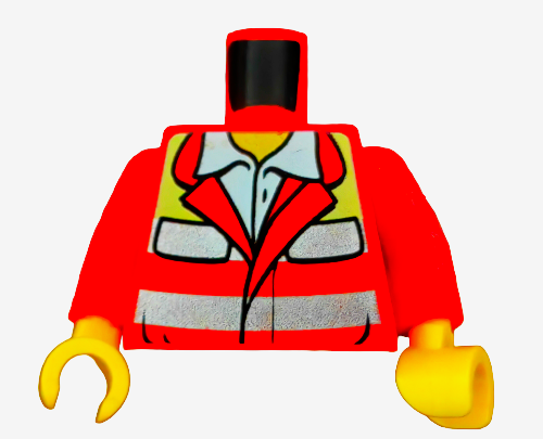 The LEGO Torso, Red with Reflective Parts and Emergency Logo on Back (UB1468), showcases a design reminiscent of a construction or safety vest over a white shirt. Featuring yellow hands and no head, its ideal for emergency-themed displays against a plain white background.