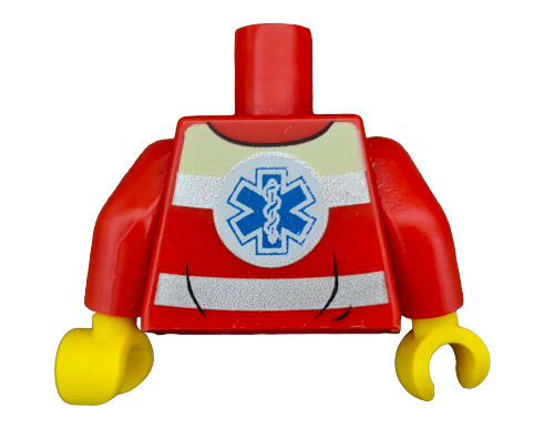 The LEGO Torso UB1468 features red and white stripes, yellow hands, and an emergency blue Star of Life logo, ideal for building emergency scenes. Note: head and legs not included.