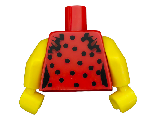 The LEGO Torso, Red with Black Polka Dots - UB1469, features jagged designs and bright yellow arms. This high-quality piece adds a unique touch to any minifigure collection with its vivid hues and intricate detailing.