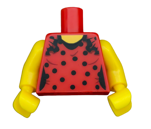 The LEGO Torso, Red with Black Polka Dots - UB1469, features a red and yellow design with yellow arms, black spots, and a curly black flame-like pattern, perfect for enhancing any minifigure collection.