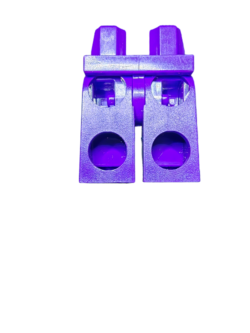 Close-up of two LEGO 4586410 Minifigure Legs in dark purple, interlocking on a white backdrop. Each has two studs on top and circular openings in front, aligning perfectly side by side for minifigures.