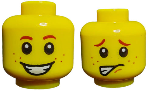 Two yellow LEGO 6121896 Minifigure Heads offer unique expressions; one side smiles brightly, while the other shows a worried face, igniting endless storytelling possibilities.