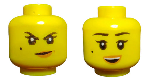 The yellow LEGO Minifigure Heads, UB1497, demonstrate versatility with dual expressions: mischievous on one side and cheerful on the other, showcasing unique female designs.