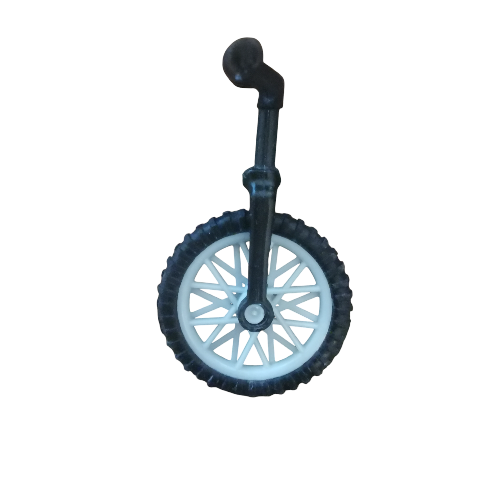 The Minifigure Cycles, Unicycle is a small plastic toy featuring a black frame and white spoked wheel, beautifully displayed against a plain white backdrop.