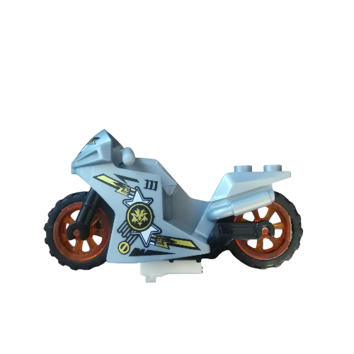 The Minifigure Bikes for Racing, made from gray plastic, feature black tires and bold orange rims. With dynamic lightning bolts and star emblems, theyre perfect for exciting miniature world races.