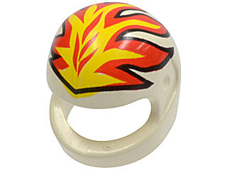 The Motorcycle Helmets for Minifigures feature a white plastic design with bold red, yellow, and black flames on top. This customizable piece is perfect for minifigures and stands out when displayed against a white background.