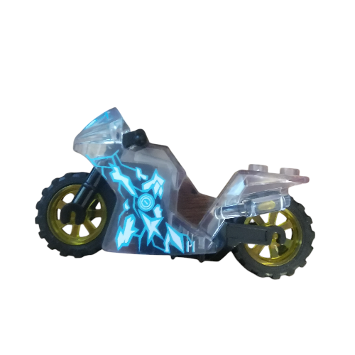 The Minifigure Bikes for Racing toy motorcycle features a sleek, translucent blue design with bold patterns, black tires with gold rims, and connector studs on top—ideal for intense races.
