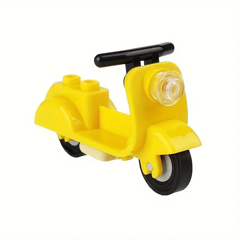 A small, yellow toy scooter from Minifigure Mopeds made of interlocking bricks resembles a classic Vespa with a single headlight and black handlebar. This minimalist vehicle offers endless adventures in construction sets and is available in four different colors.