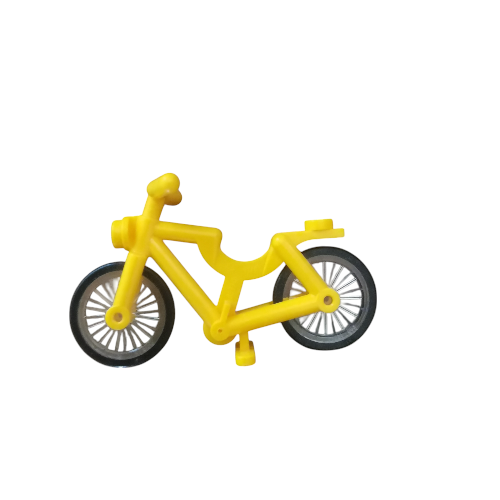 A small yellow toy unicycle, similar to those used by circus performers, stands against a plain white background. With its black and white wheels ready for a ride, this charming piece from Minifigure Cycles captures the whimsy of childhood adventures.
