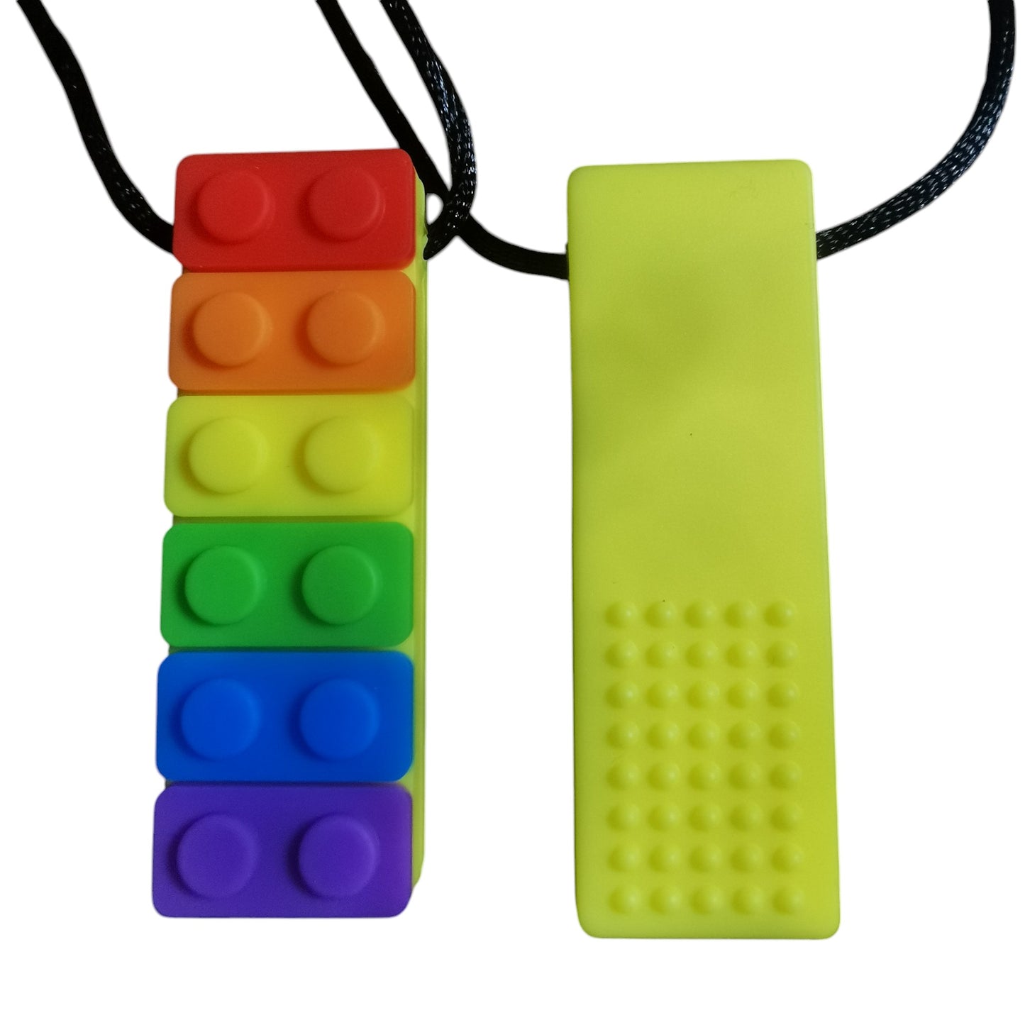 The left pendant is a Rainbow Chew Toy with six colorful blocks, and the right is a solid yellow oral sensory aid with a textured surface. Both hang from black cords, perfect for tactile needs. Ideal for autistic children or those with ADHD needing safe, food-grade silicone sensory aids.