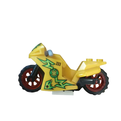 A Minifigure Bikes for Racing set features a yellow toy motorcycle with red wheels and green lightning bolt decals, echoing sleek racing bikes, all displayed against a white background.