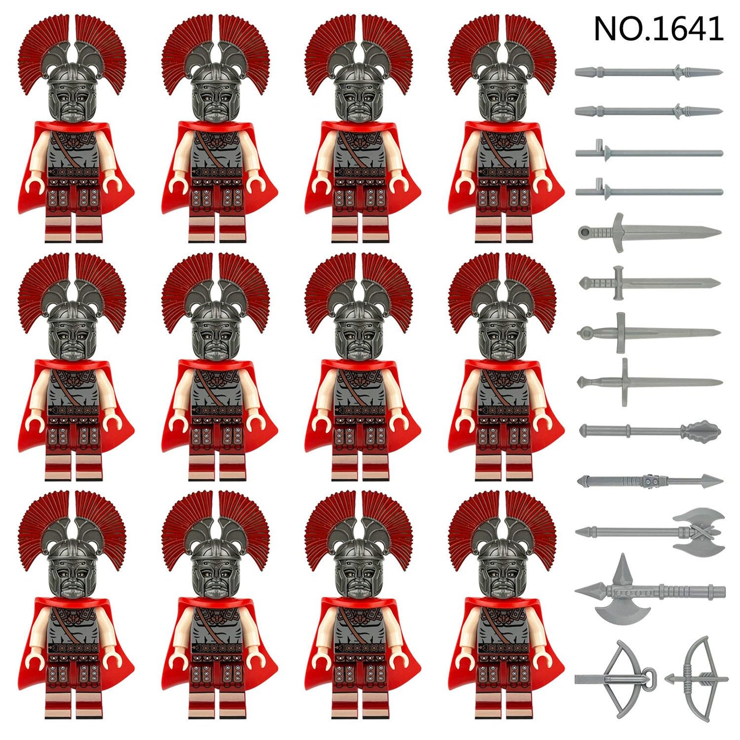 A grid of 12 Lego Roman soldiers in red cloaks with helmets, alongside swords, spears, and axes. Ideal Christmas stocking filler for history lovers! Product: 12 Piece Minifigure Roman Soldiers with red cloak Christmas Stocking filler Gift.