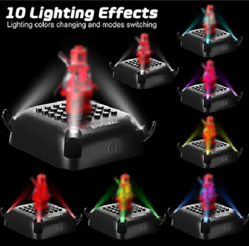 A promotional image features electronic devices with the 10 Color Changing Lighting Base for Minifigures, each showcasing diverse lighting effects. Text reads: 10 Lighting Effects, highlighting touch controls, color changes, and mode switches.