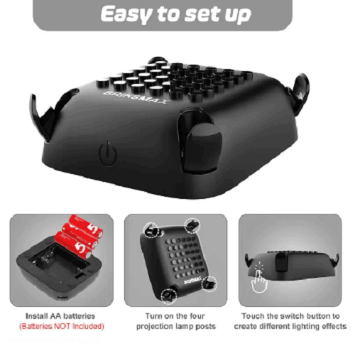 A sleek black star projector with a square top features touch controls for simple operation. Side panels house a battery compartment (Batteries NOT Included). Instructions guide you on creating color-changing effects with the 10 Color Changing Lighting Base for Minifigures.