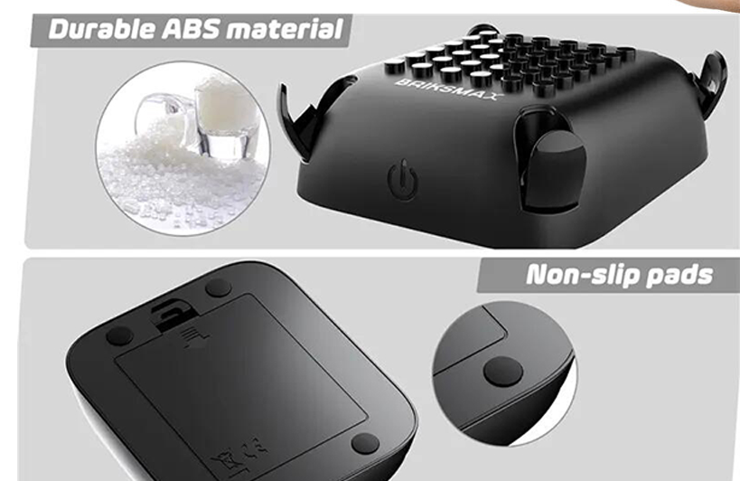 Image of the 10 Color Changing Lighting Base for Minifigures: a sleek, black device with raised bumps, side handles, and durable ABS material. It has touch controls for easy use and images below highlight non-slip pads on the bottom ensuring stability.